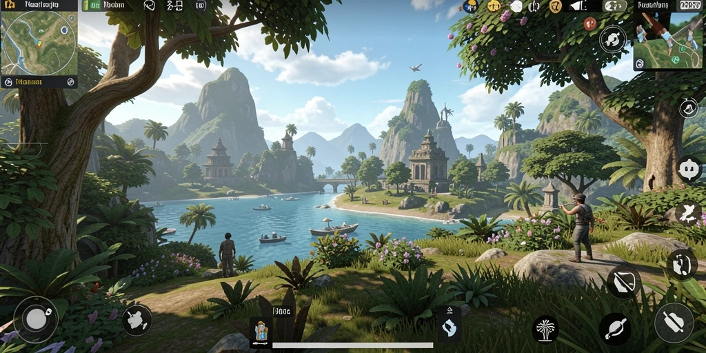 Screenshot gameplay menampilkan eksplorasi dunia terbuka yang luas.