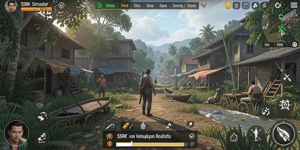 Tampilan gameplay 55RK yang menggambarkan kehidupan sehari-hari.