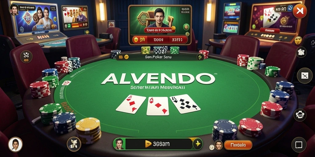 Screenshot gameplay ALVENDO yang menampilkan aksi seru di meja Poker.