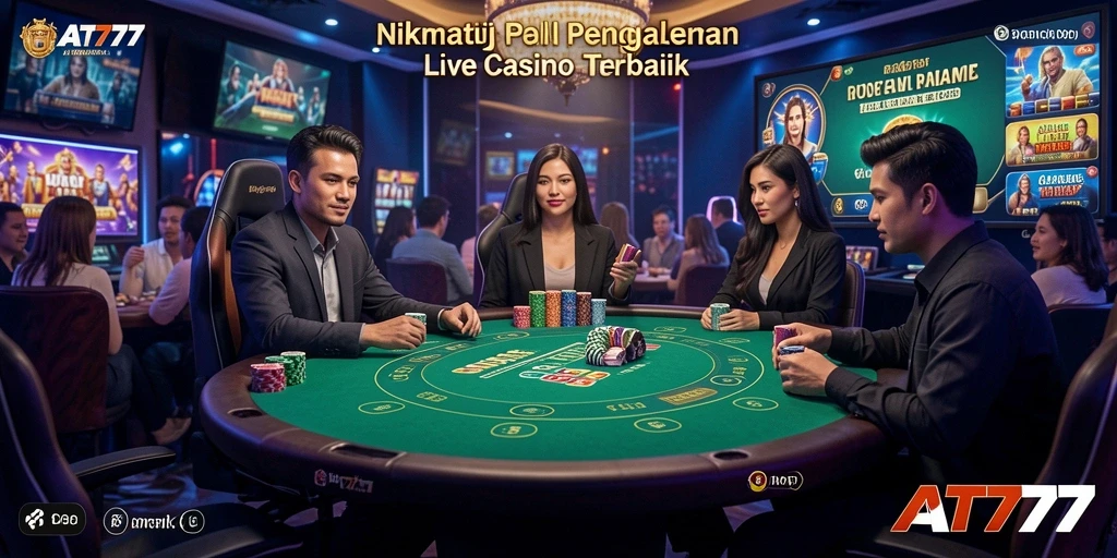 Screenshot AT777 menampilkan dealer kasino yang sedang berinteraksi dengan pemain.