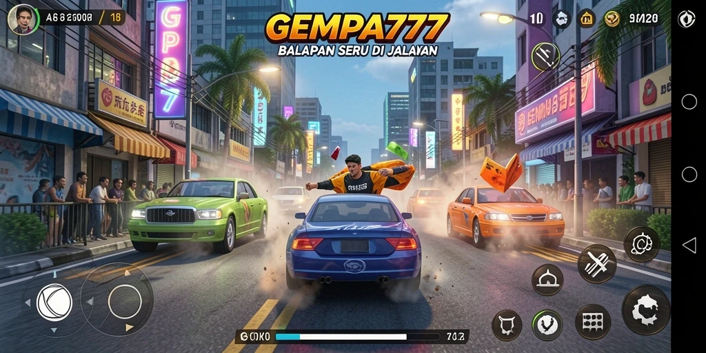 Screenshot gameplay GEMPA777 dengan balapan yang mendebarkan.