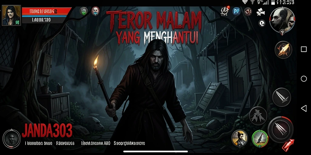 Screenshot dari gameplay JANDA303 menunjukkan momen mencekam saat menjelajahi kegelapan.