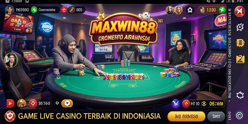 Screenshot MAXWIN88 menampilkan dealer profesional dan gameplay Live Casino yang seru.