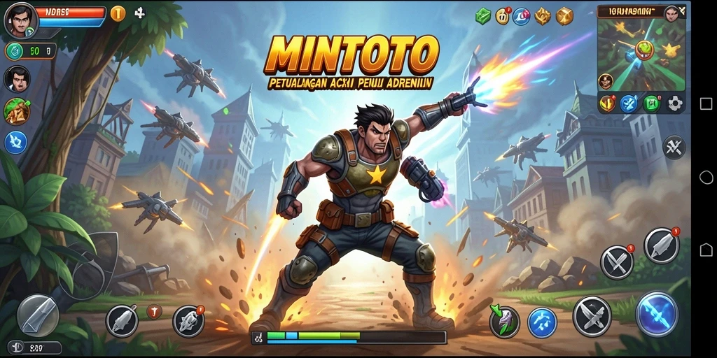Screenshot utama MINTOTO yang menunjukkan aksi seru dalam pertempuran.