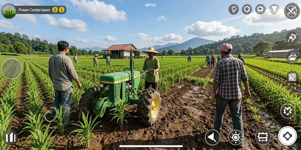 Tangkapan layar <strong>MPOID</strong> menunjukkan gameplay seru saat berkebun dan merawat hewan.
