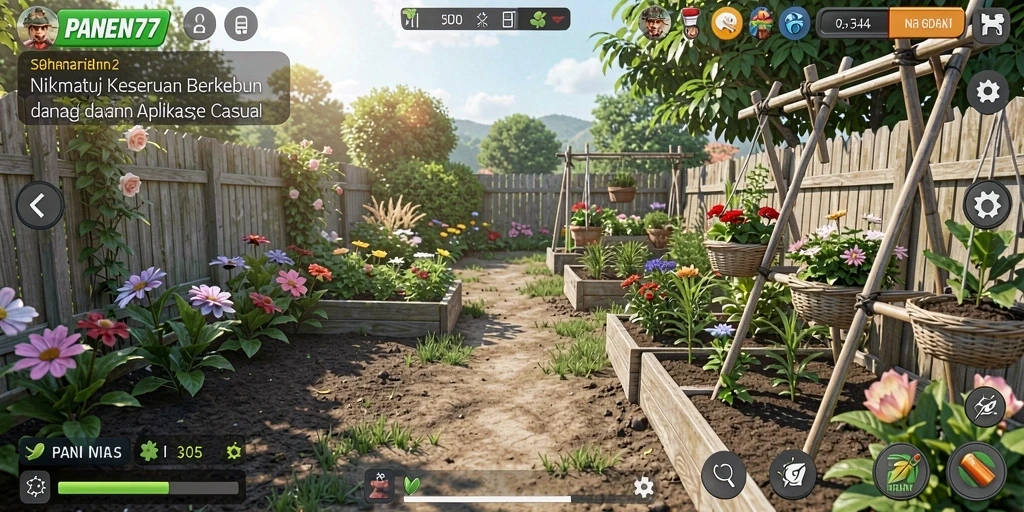 Screenshot gameplay PANEN77 menampilkan kebun yang subur dan berwarna-warni.
