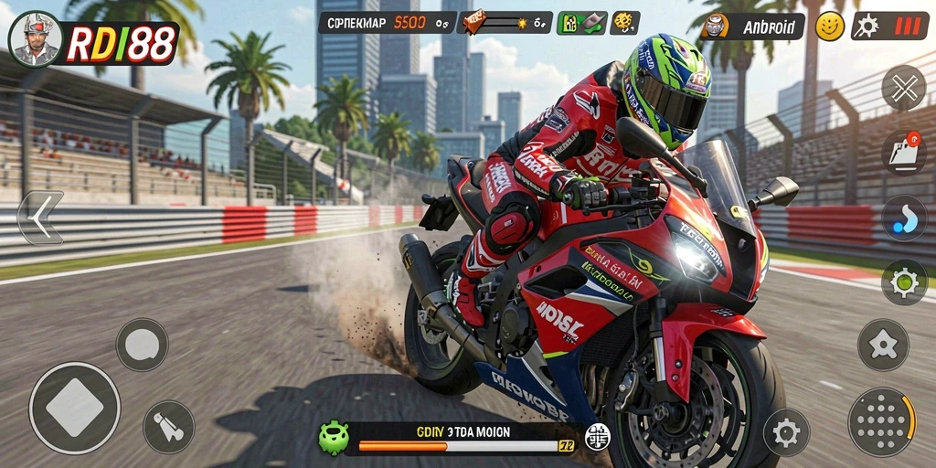 Screenshot gameplay RDI88 menampilkan aksi balap motor yang mendebarkan.