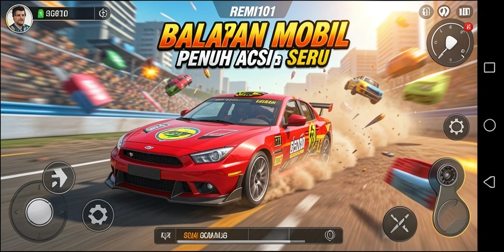 Screenshot utama dari gameplay balapan mobil yang mendebarkan di REMI101.