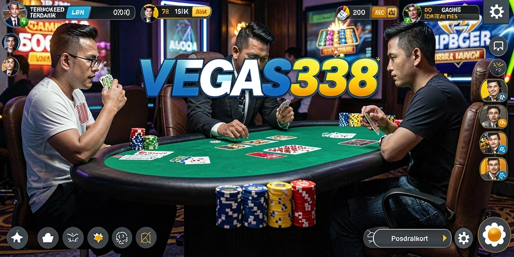 Screenshot gameplay VEGAS338 yang menampilkan suasana penuh aksi poker.
