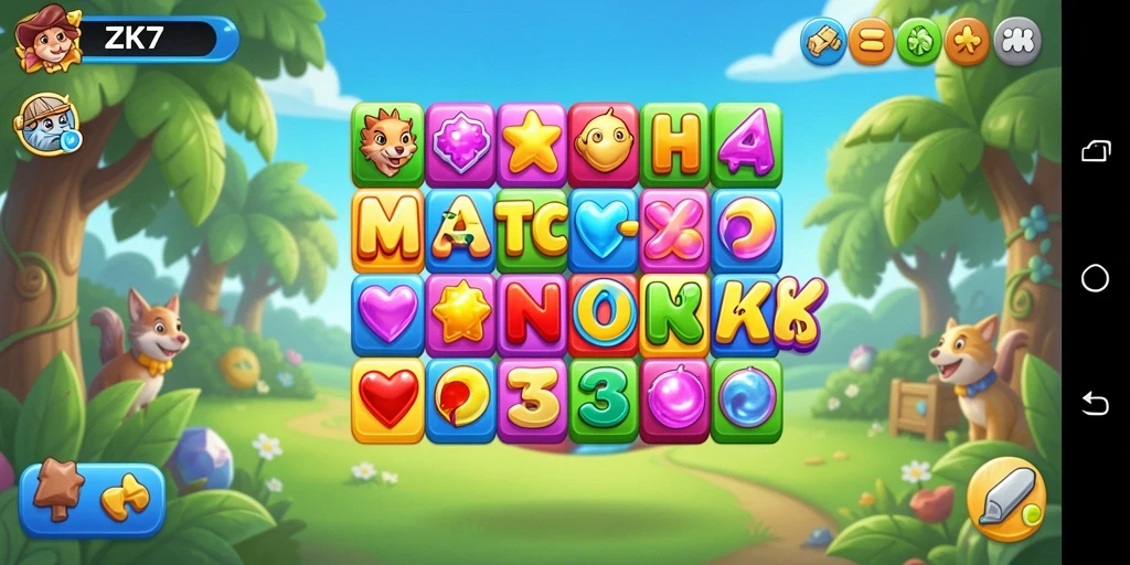 Screenshot gameplay ZK7 yang menarik dengan level Match-3 penuh warna.